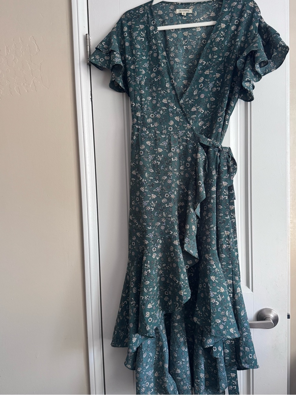Max Studio Green Floral Wrap Dress with Ruffle Hem